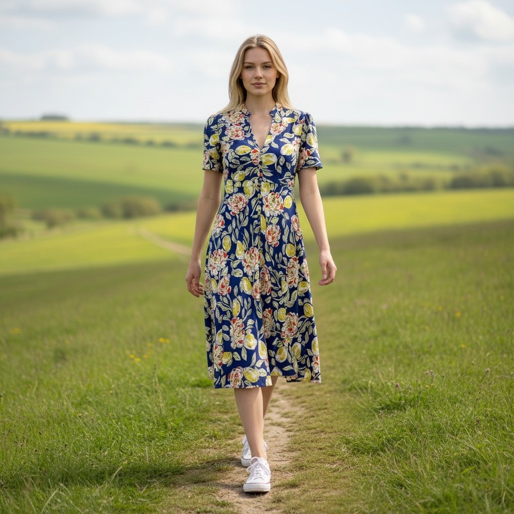 Anthropologie Hunter Bell Larson Dress Size 8 Lively Lemon Floral Midi Blue